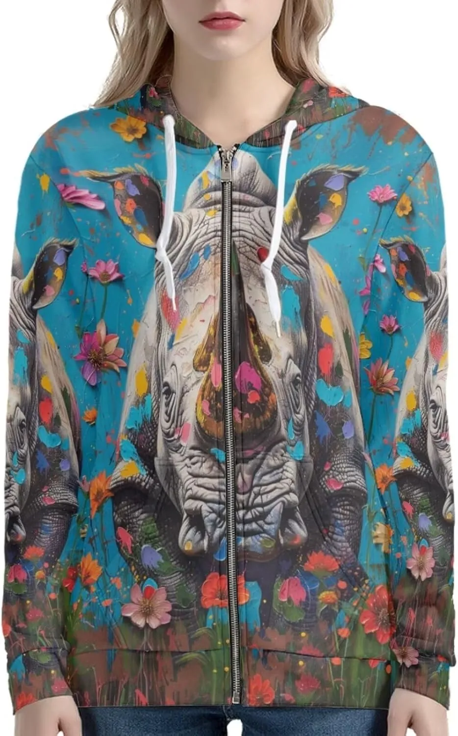 PinUp Angel Women Zip Up Hoodie Art Animal Oil Painting Graphic Oversized Hooded Sweatshirt Jacket Coats Streetwear