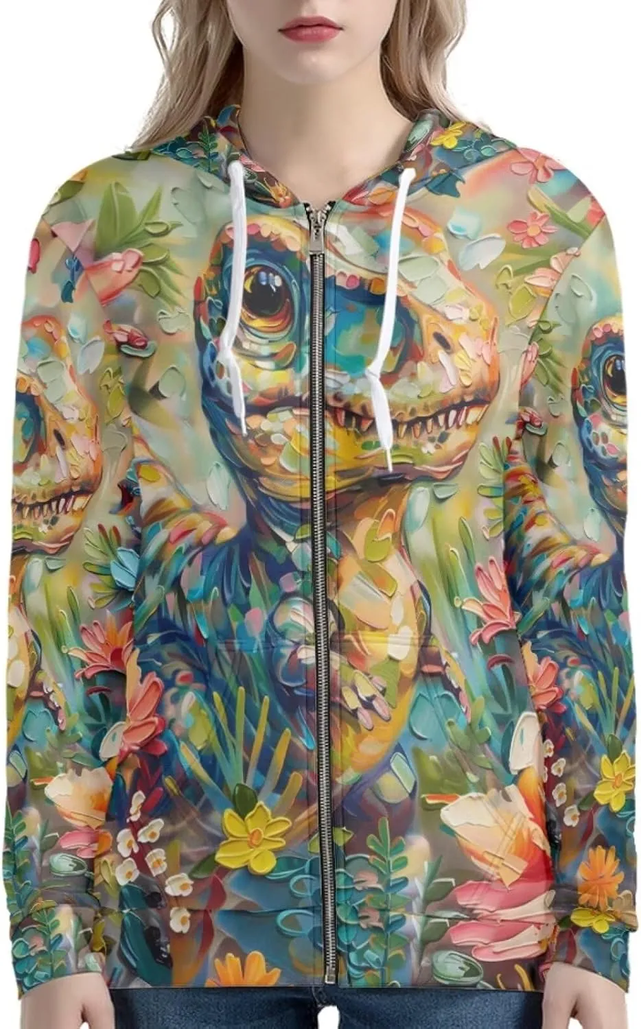 PinUp Angel Women Zip Up Hoodie Art Animal Oil Painting Graphic Oversized Hooded Sweatshirt Jacket Coats Streetwear
