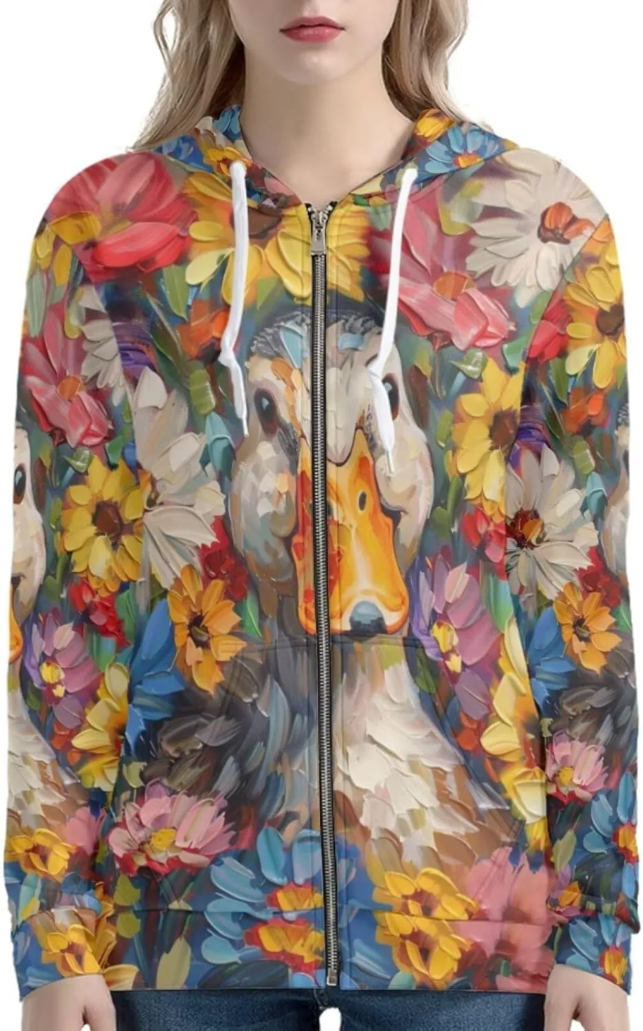 PinUp Angel Women Zip Up Hoodie Art Animal Oil Painting Graphic Oversized Hooded Sweatshirt Jacket Coats Streetwear