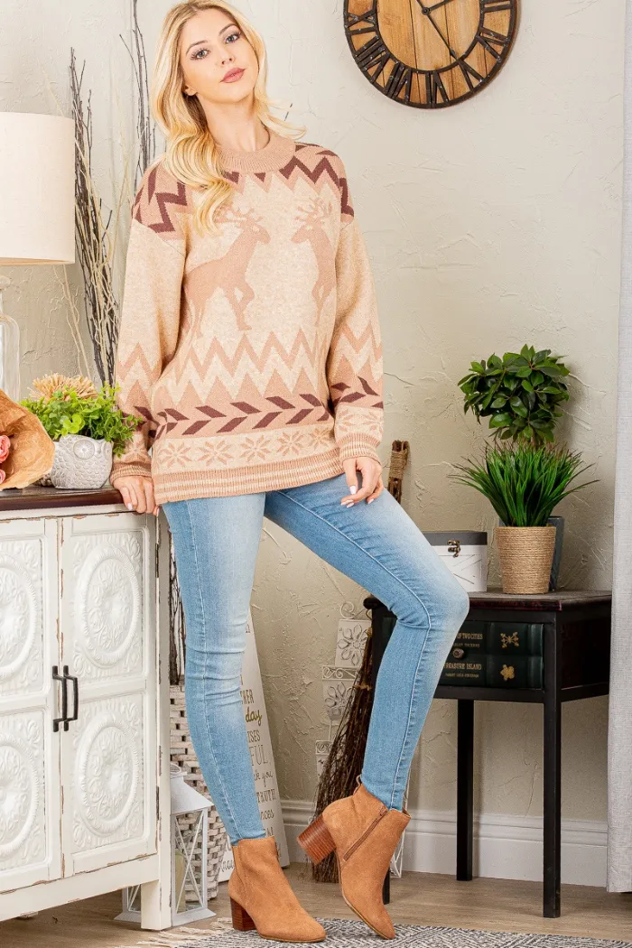 Plus Size Reindeer Print Long Sleeve Sweater