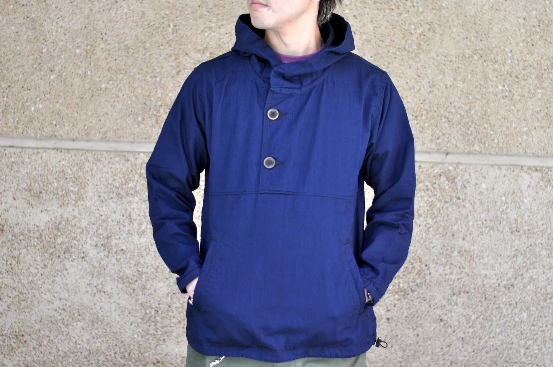 Pure Blue Japan "All-Seasons" HBT Hooded Pullover (Grand Indigo X Black)