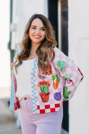 Queen Of Sparkles: Pink and White Checkered Bunny and Plants Cardigan