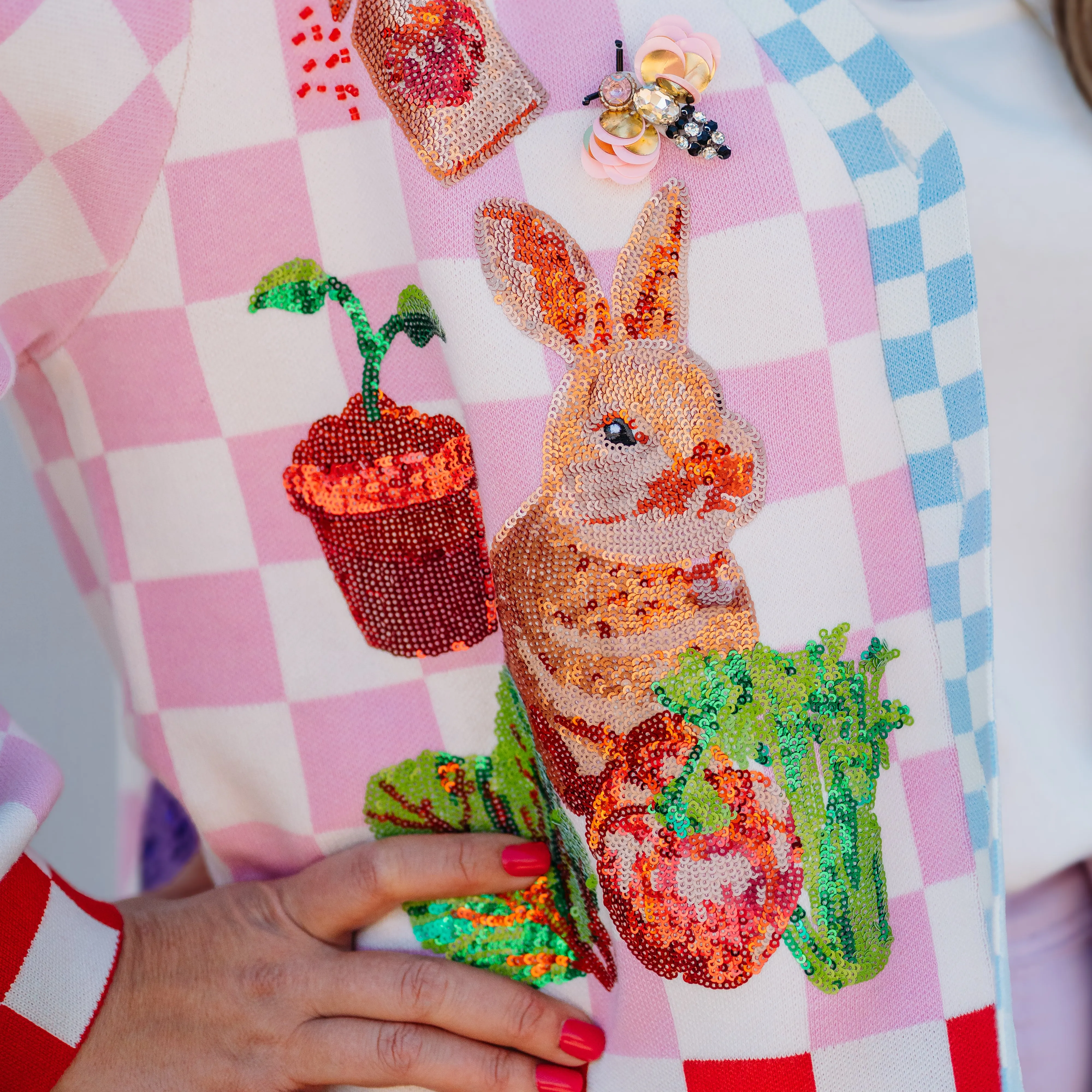 Queen Of Sparkles: Pink and White Checkered Bunny and Plants Cardigan
