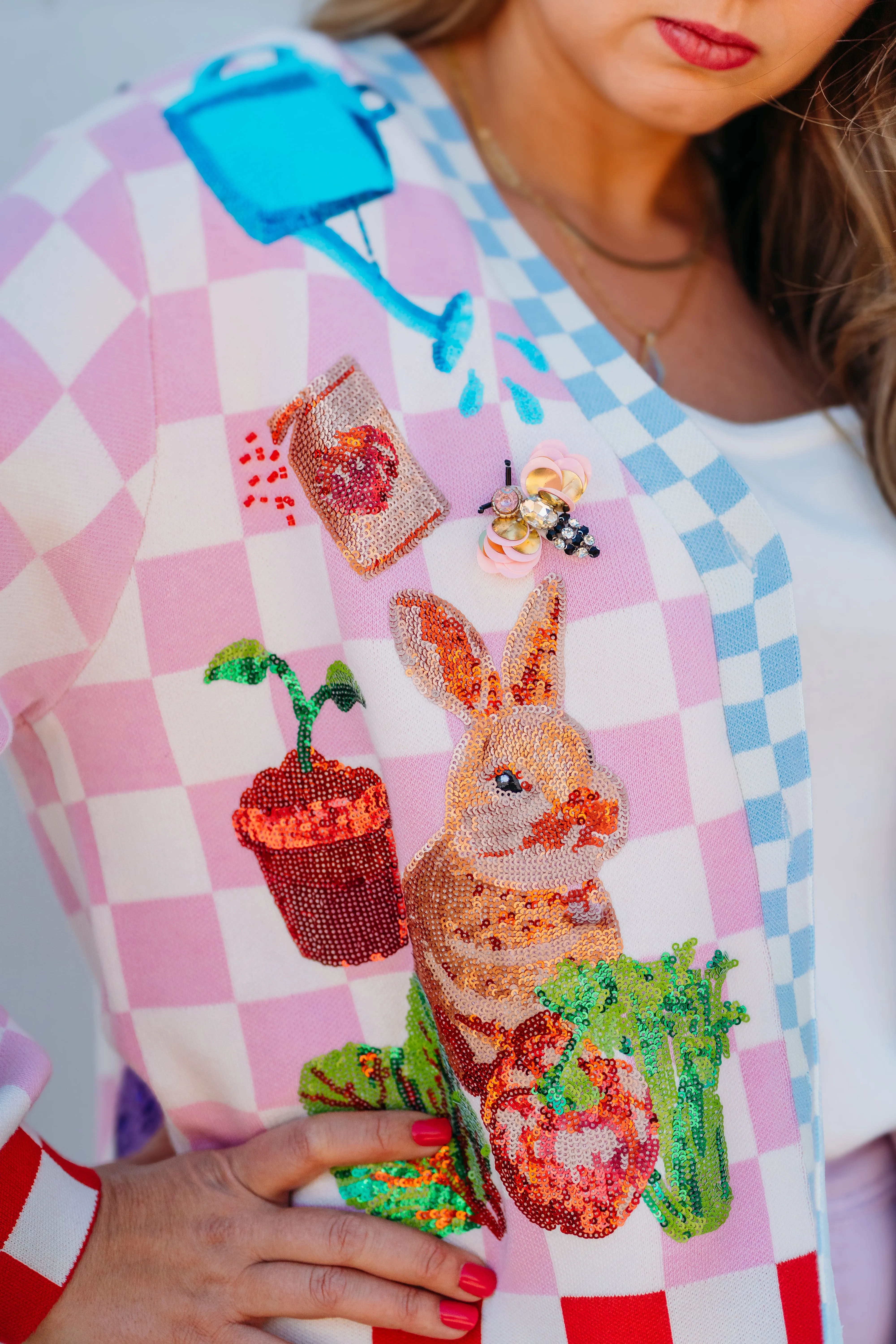Queen Of Sparkles: Pink and White Checkered Bunny and Plants Cardigan