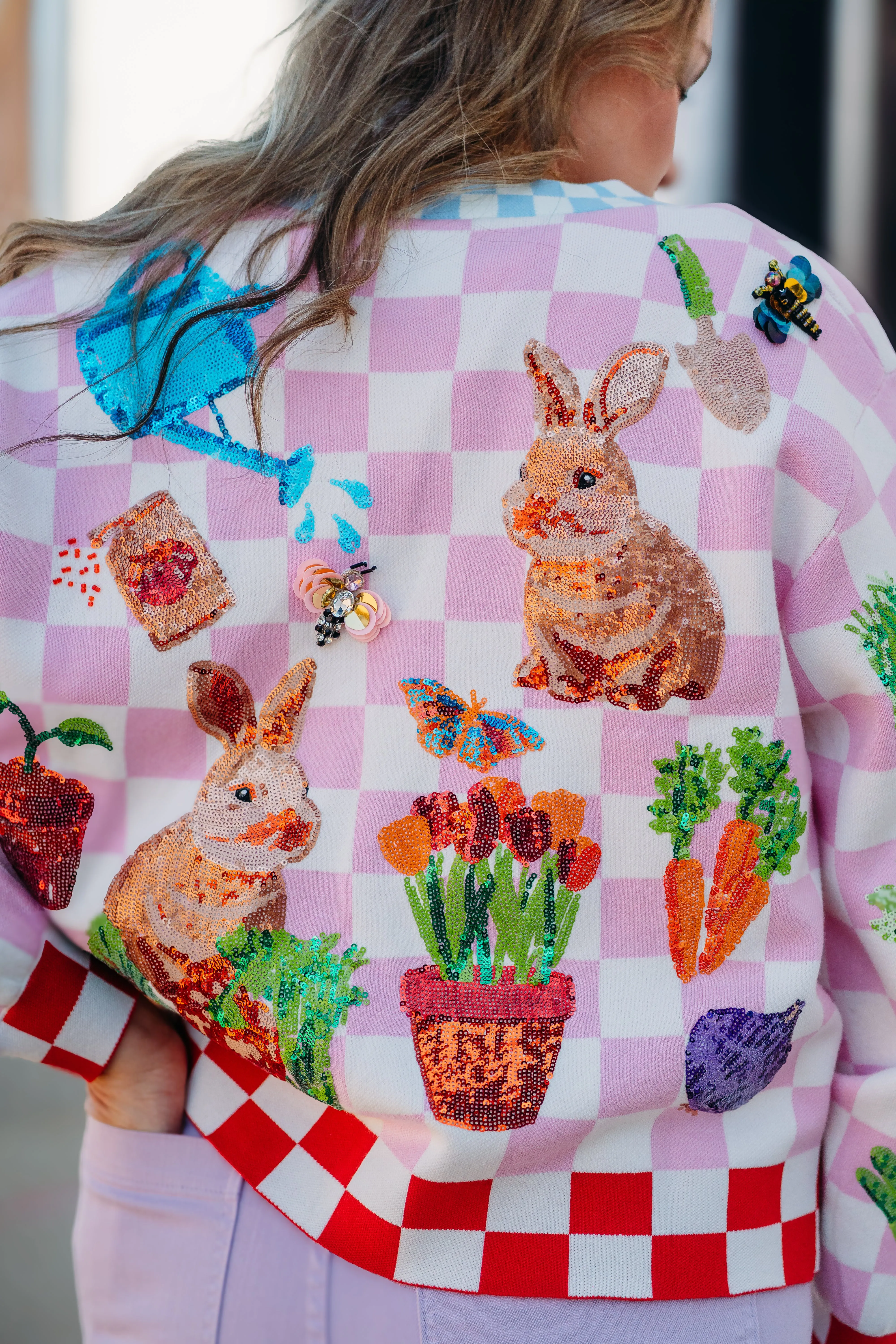 Queen Of Sparkles: Pink and White Checkered Bunny and Plants Cardigan