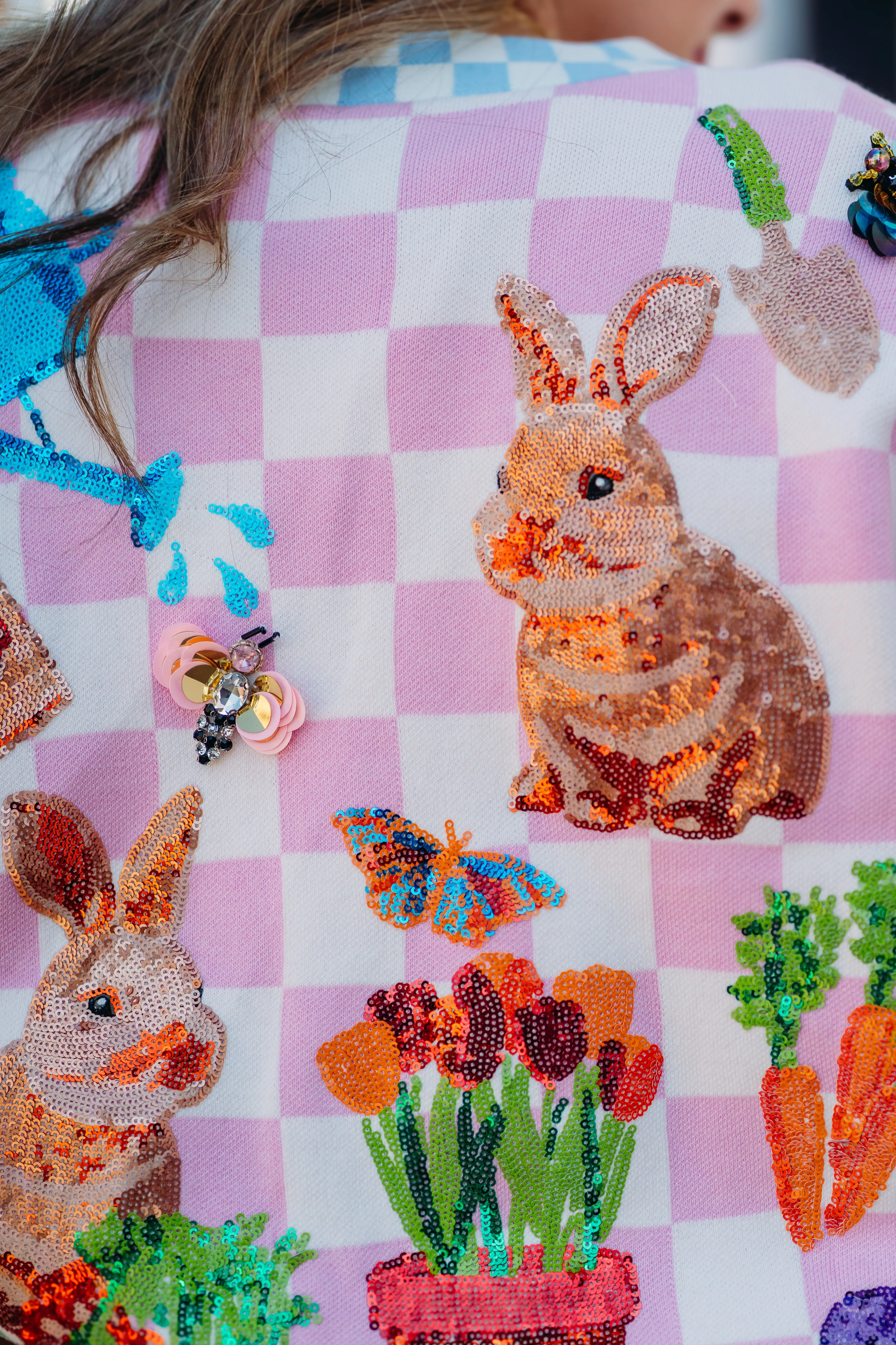 Queen Of Sparkles: Pink and White Checkered Bunny and Plants Cardigan