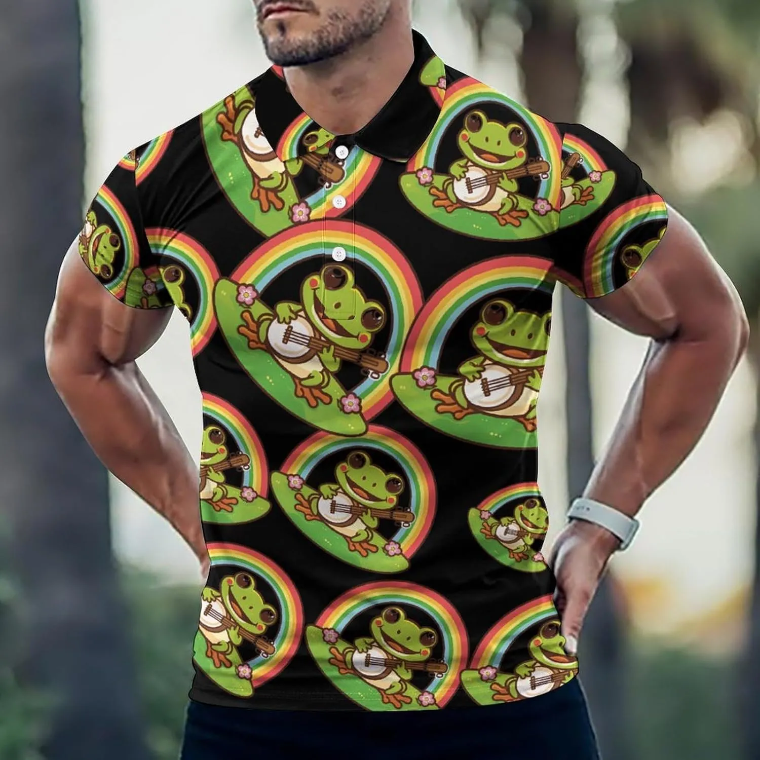 Rainbow Frog Guitar Froggie Mens Polo Shirts Quick Dry Short Sleeve T-shirts Slim Tennis Collared Tees Tops