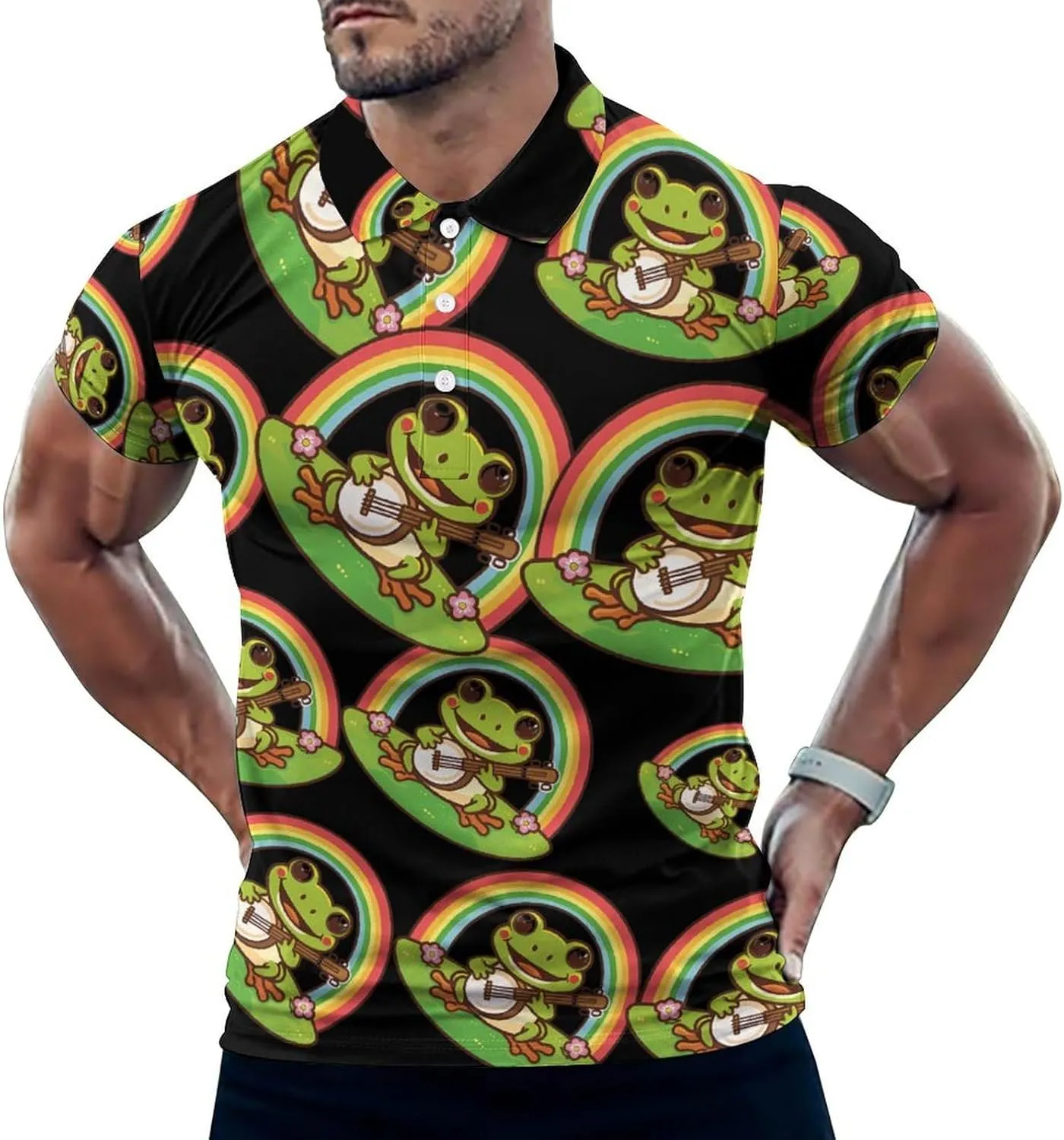 Rainbow Frog Guitar Froggie Mens Polo Shirts Quick Dry Short Sleeve T-shirts Slim Tennis Collared Tees Tops