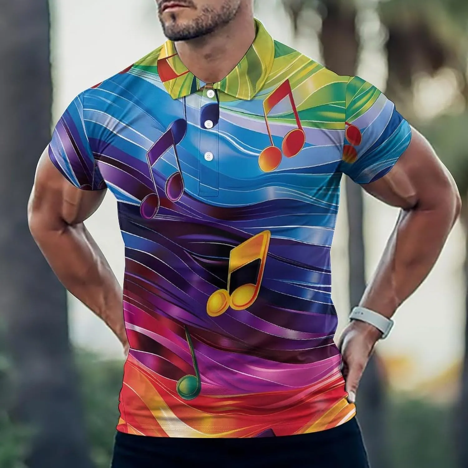 Rainbow Musical Notes Mens Polo Shirts Quick Dry Short Sleeve T-shirts Slim Tennis Collared Tees Tops