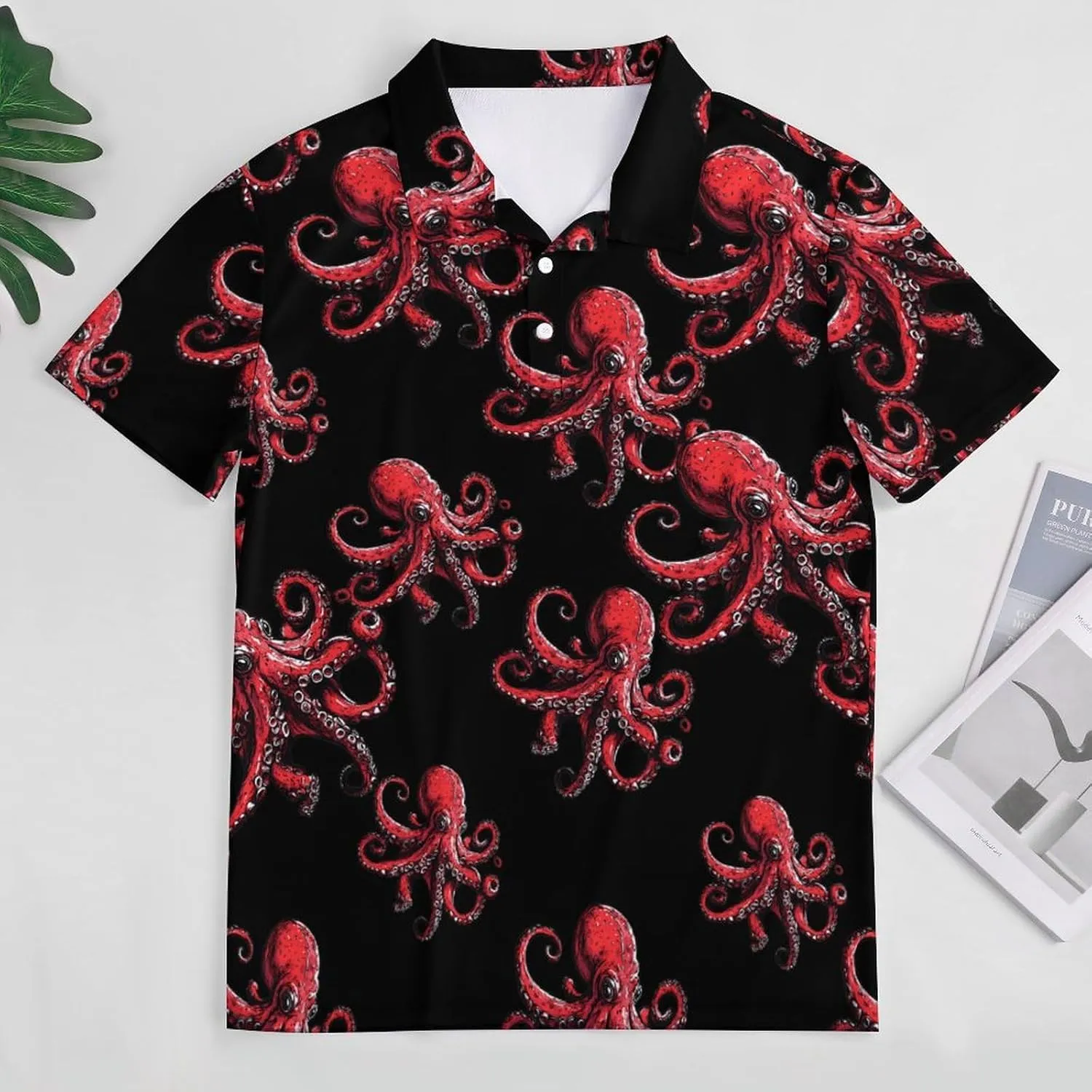Red Octopus Fierce Mens Polo Shirts Quick Dry Short Sleeve T-shirts Slim Tennis Collared Tees Tops