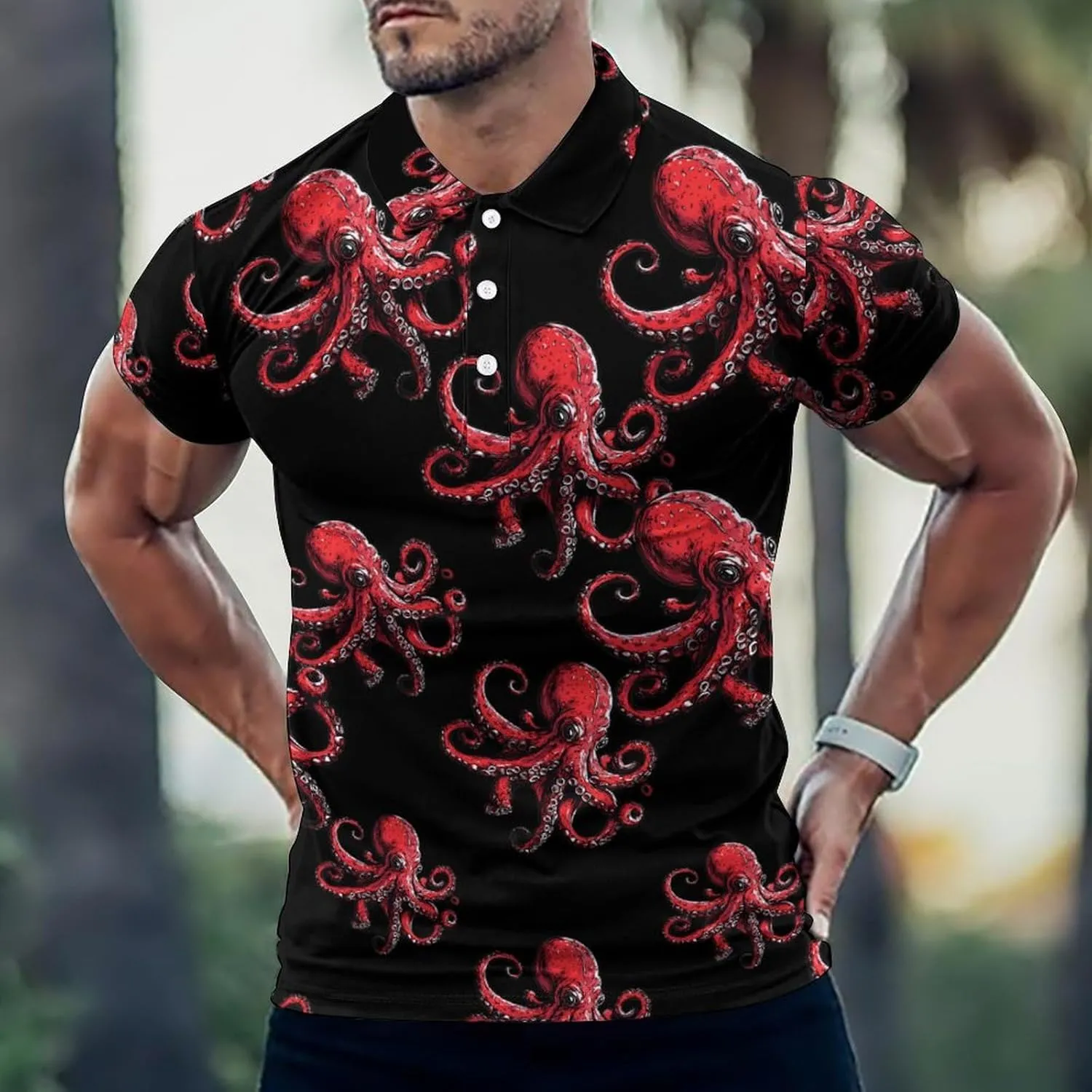 Red Octopus Fierce Mens Polo Shirts Quick Dry Short Sleeve T-shirts Slim Tennis Collared Tees Tops