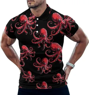 Red Octopus Fierce Mens Polo Shirts Quick Dry Short Sleeve T-shirts Slim Tennis Collared Tees Tops