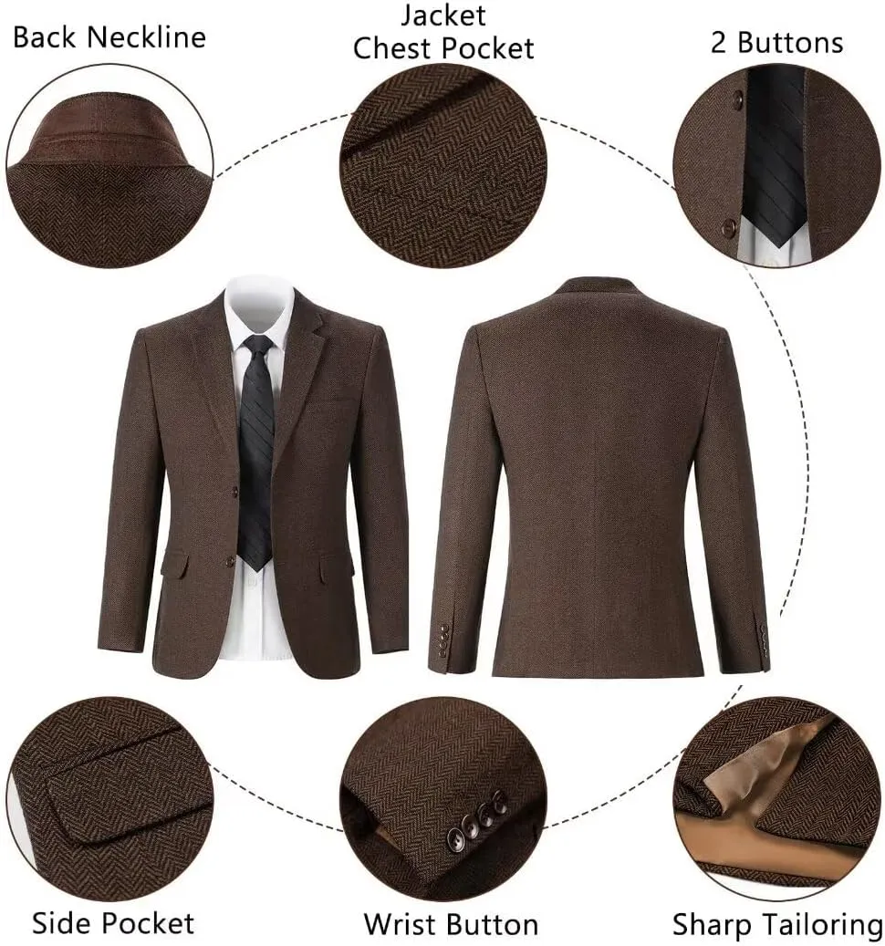 Retro Tweed Mens Suit Herringbone Slim Fit 2 Buttons Men's Jackets Sets Prom Wedding Jacket Blazer Pants Groom Tuxedo Set
