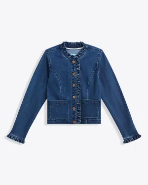 Ruffle Denim Jacket in Dark Wash