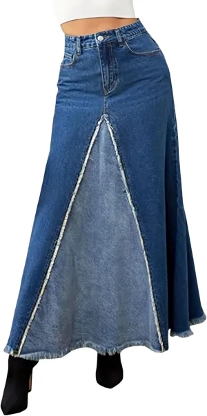 SEMATOMALA Women's Circle Fringe Maxi Denim Skirt Patchwork High Waisted Frayed Hem A Line Swing Long Jean Skirts