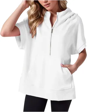 Short Sleeve Sweatshirt Women Oversized Half Zip Hoodies Casual Pullover Tops