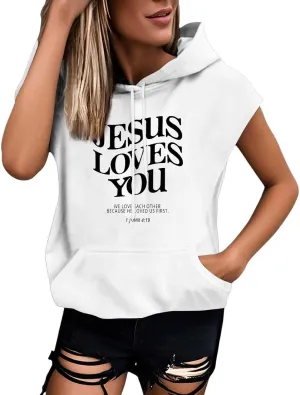 Sleeveless Hoodies for Women Jesus Loves You Workot Tank Tops Oversized Summer Lightweight Drawstring Hooded Vest with Pocket
