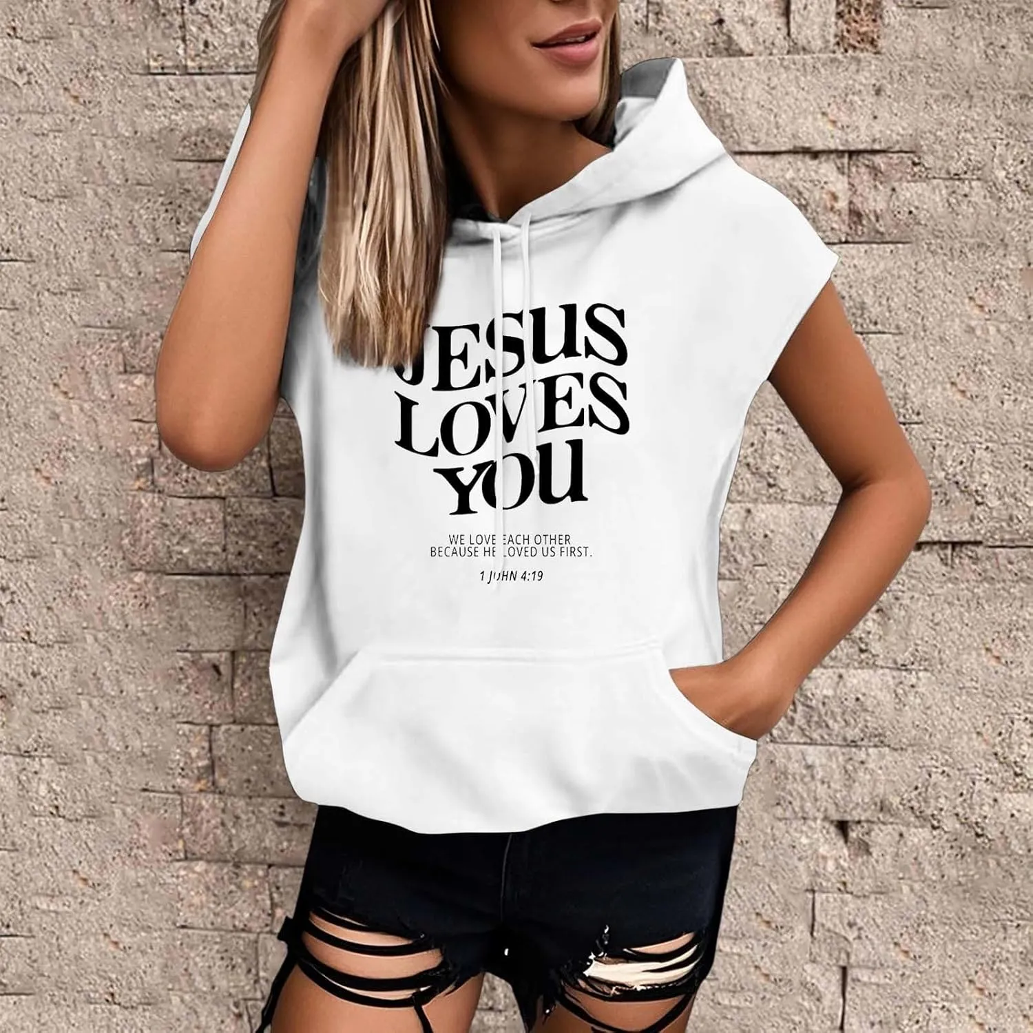 Sleeveless Hoodies for Women Jesus Loves You Workot Tank Tops Oversized Summer Lightweight Drawstring Hooded Vest with Pocket