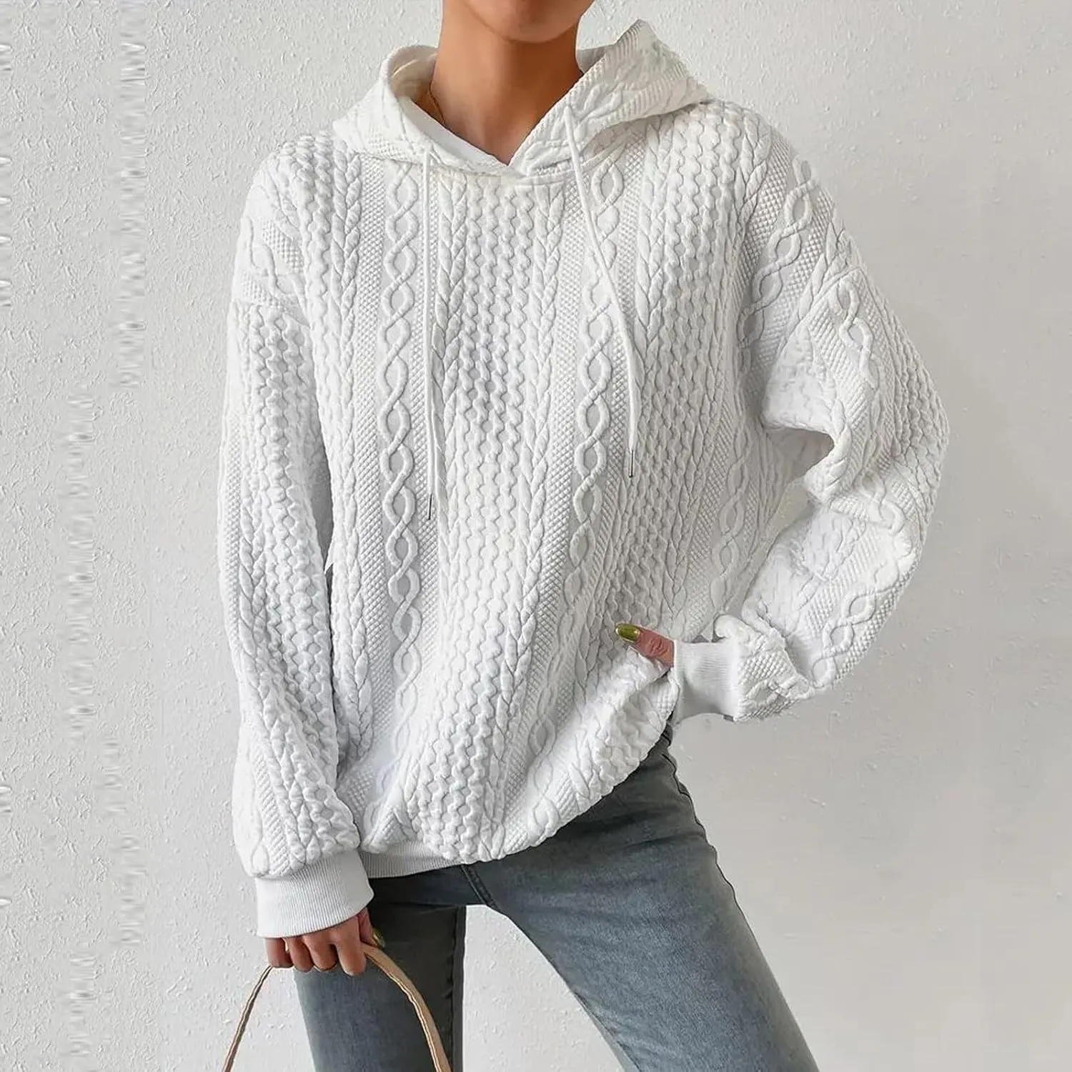 slqdgmryz Oversized Hoodies for Women Plus Size Cable Knit Sweater Loose Fit Drawstring Comfort Hoodie Preppy Sweatshirt