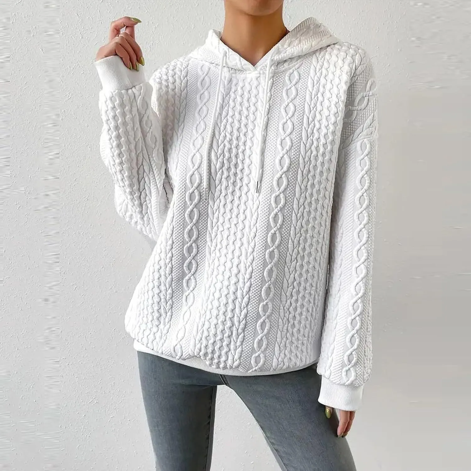slqdgmryz Oversized Hoodies for Women Plus Size Cable Knit Sweater Loose Fit Drawstring Comfort Hoodie Preppy Sweatshirt
