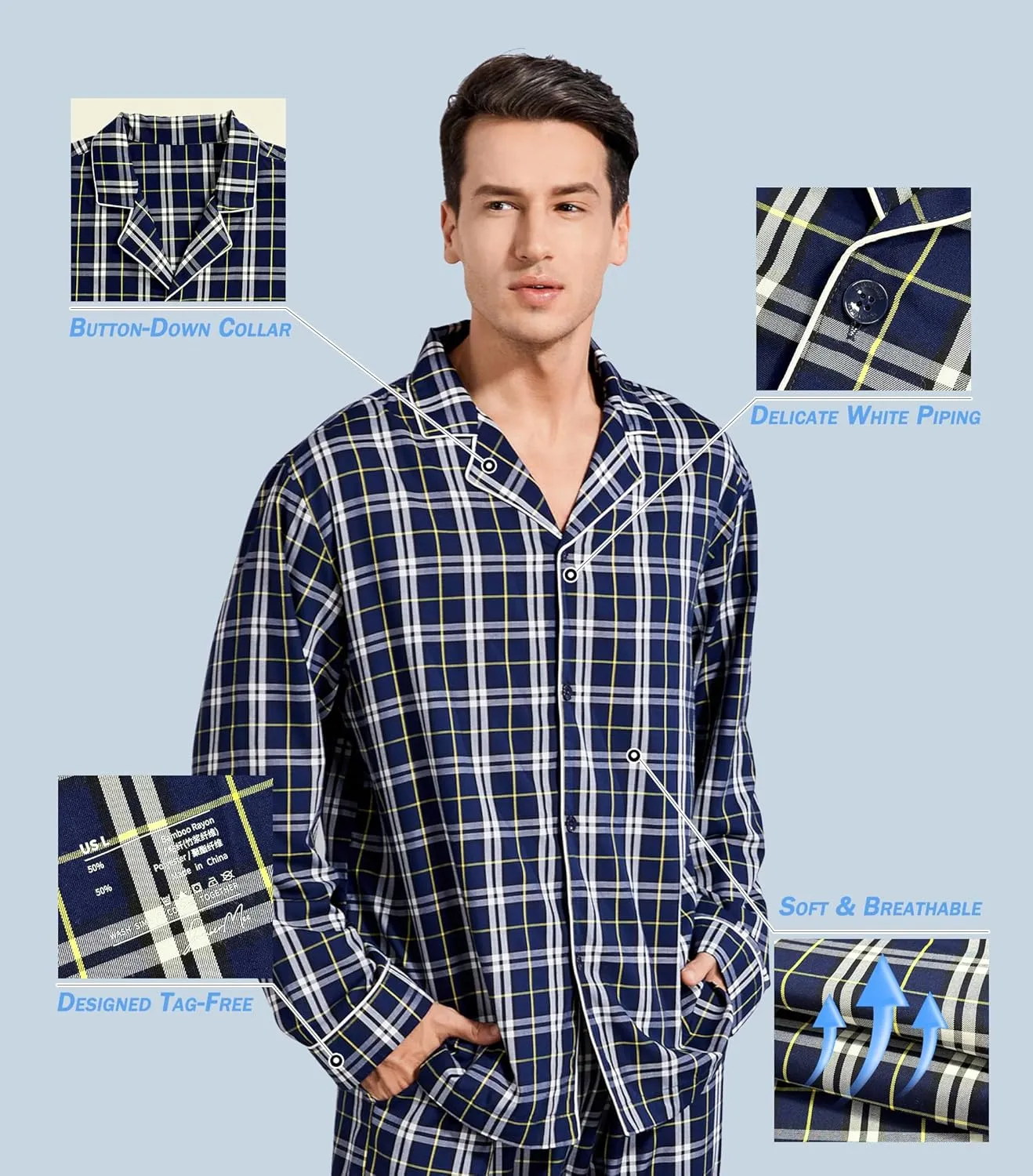 SlumberMee Mens Sleepwear Pajama Sets for Men Soft Comfortable Button-Down Long Sleeve Loungewear PJs