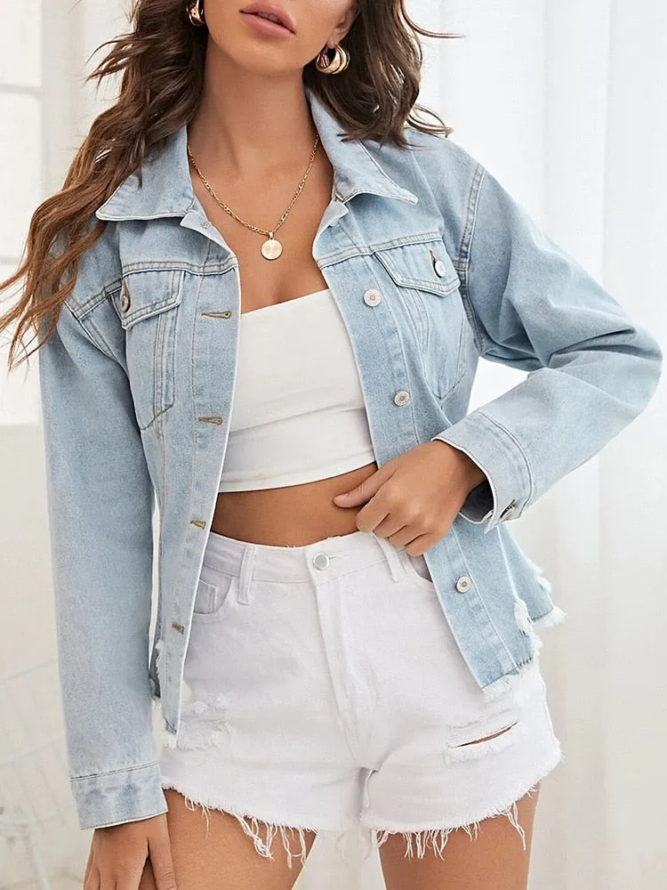 Spring Blue Denim Jackets Single Breasted Frayed Retro