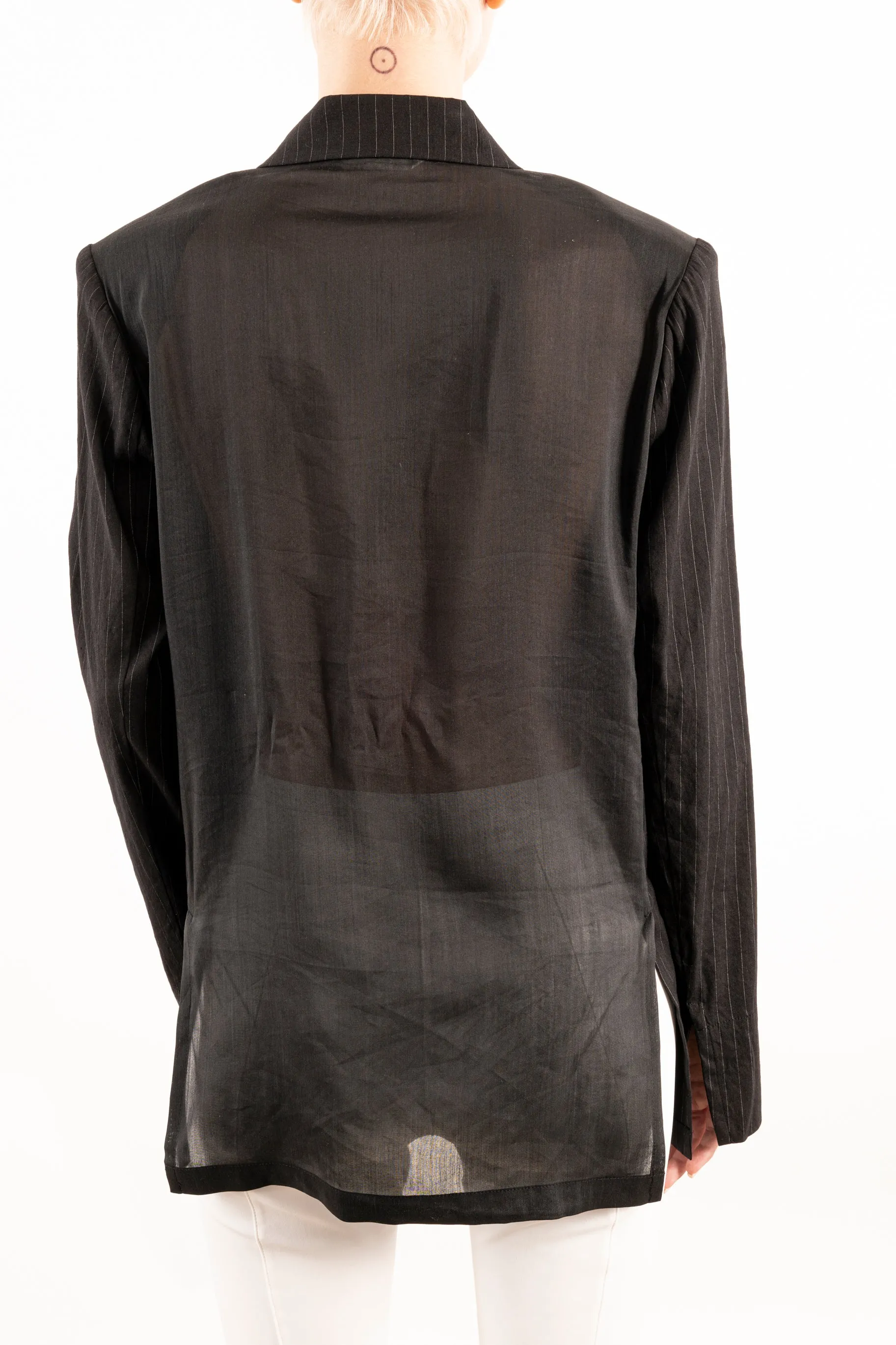 Stretch Pin Stripe Linen Blazer with Sheer Back - YOSEMITE