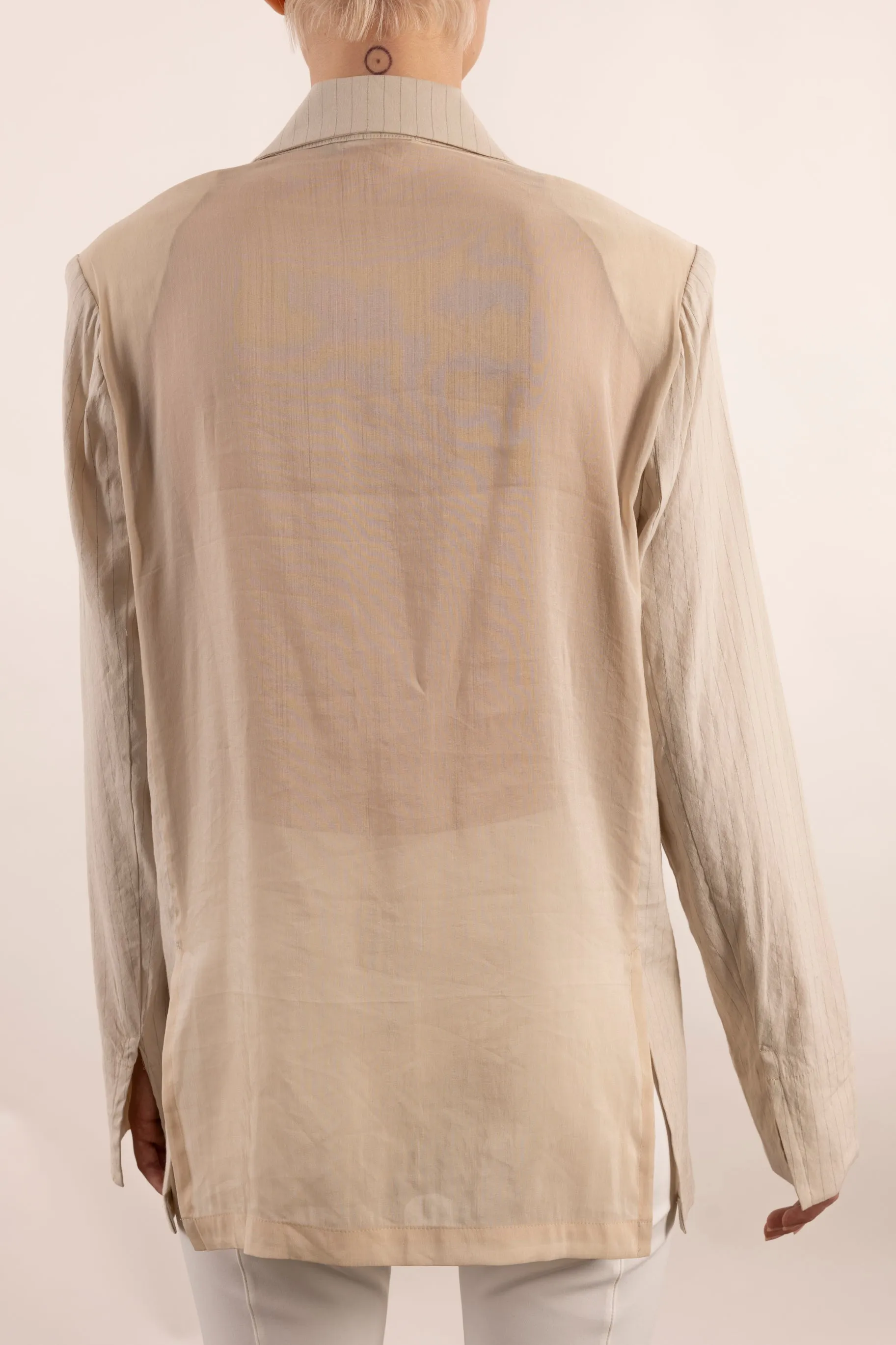 Stretch Pin Stripe Linen Blazer with Sheer Back - YOSEMITE