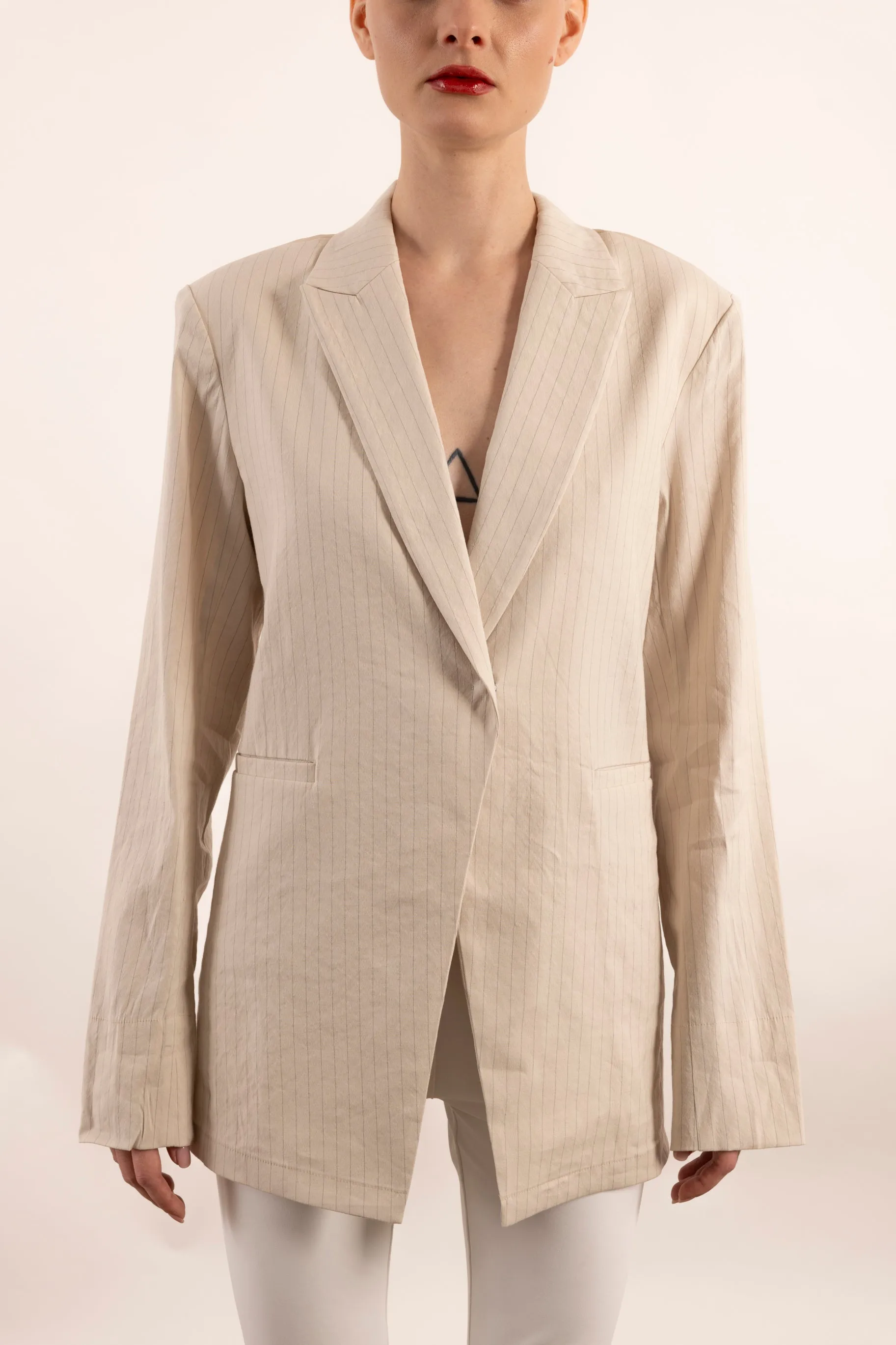 Stretch Pin Stripe Linen Blazer with Sheer Back - YOSEMITE