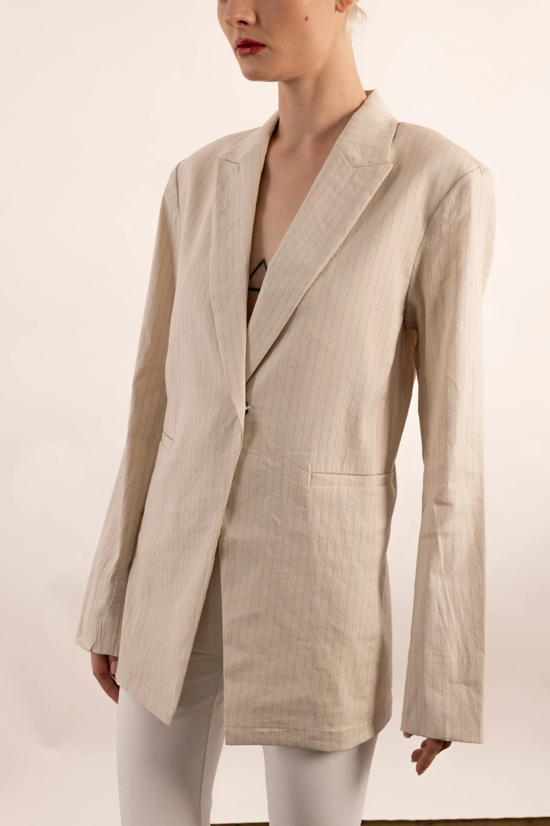 Stretch Pin Stripe Linen Blazer with Sheer Back - YOSEMITE