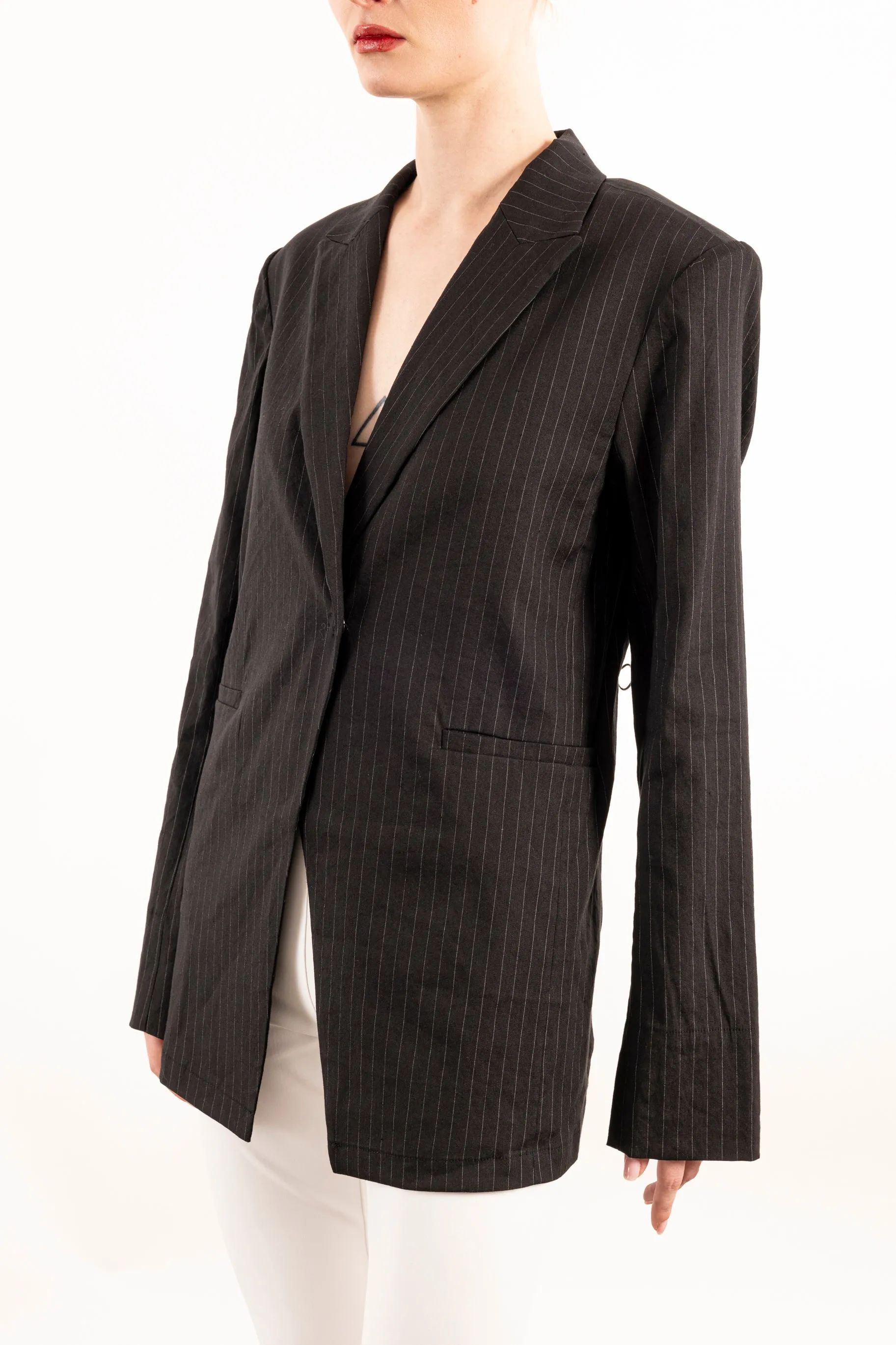 Stretch Pin Stripe Linen Blazer with Sheer Back - YOSEMITE