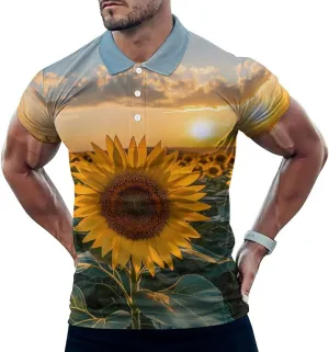 Sunset over Sunflower Field Mens Polo Shirts Quick Dry Short Sleeve T-shirts Slim Tennis Collared Tees Tops