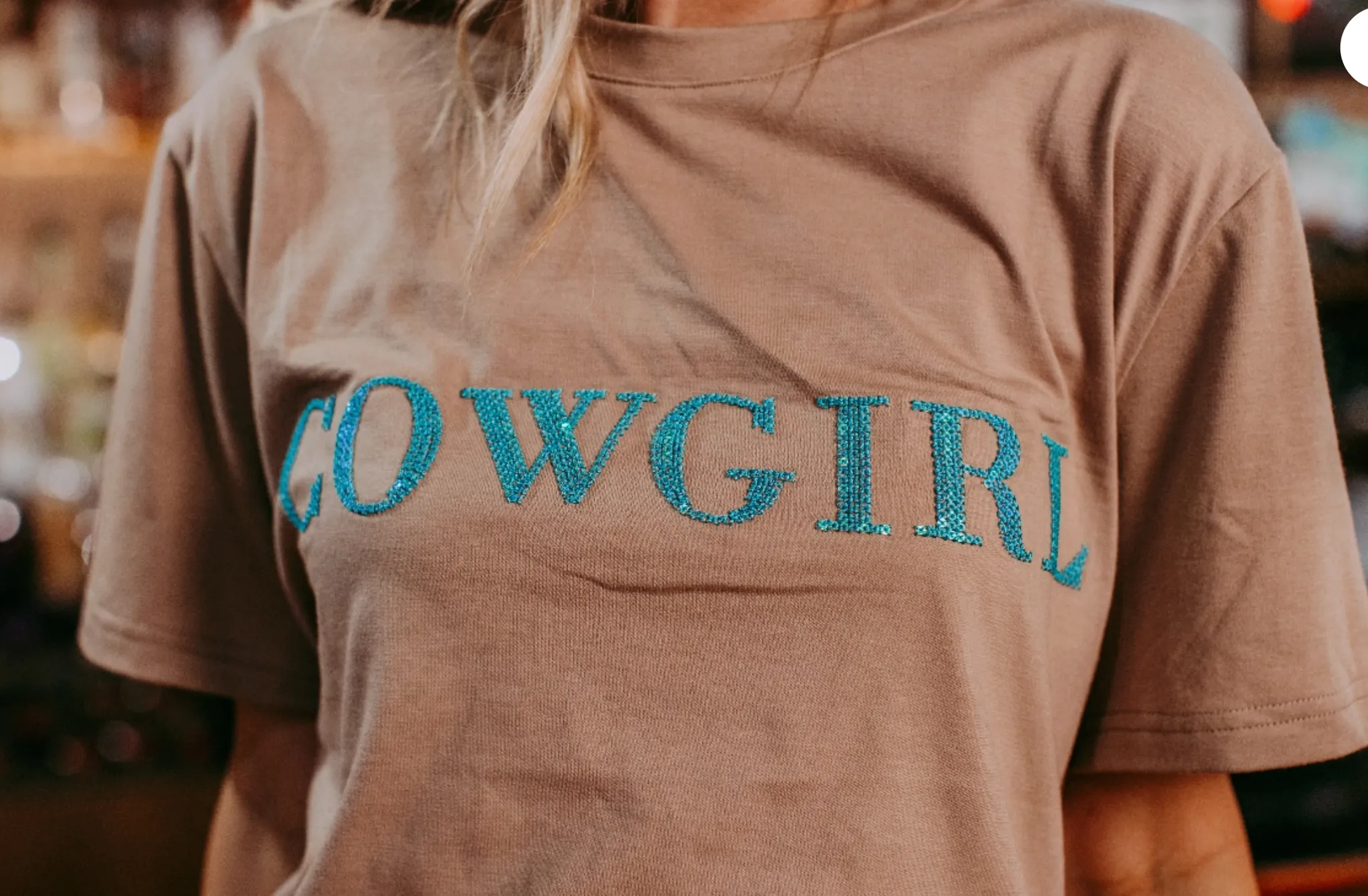 Tan - 3D "Cowgirl" Sequin Embroidered Tee - Regular & Plus Sizes