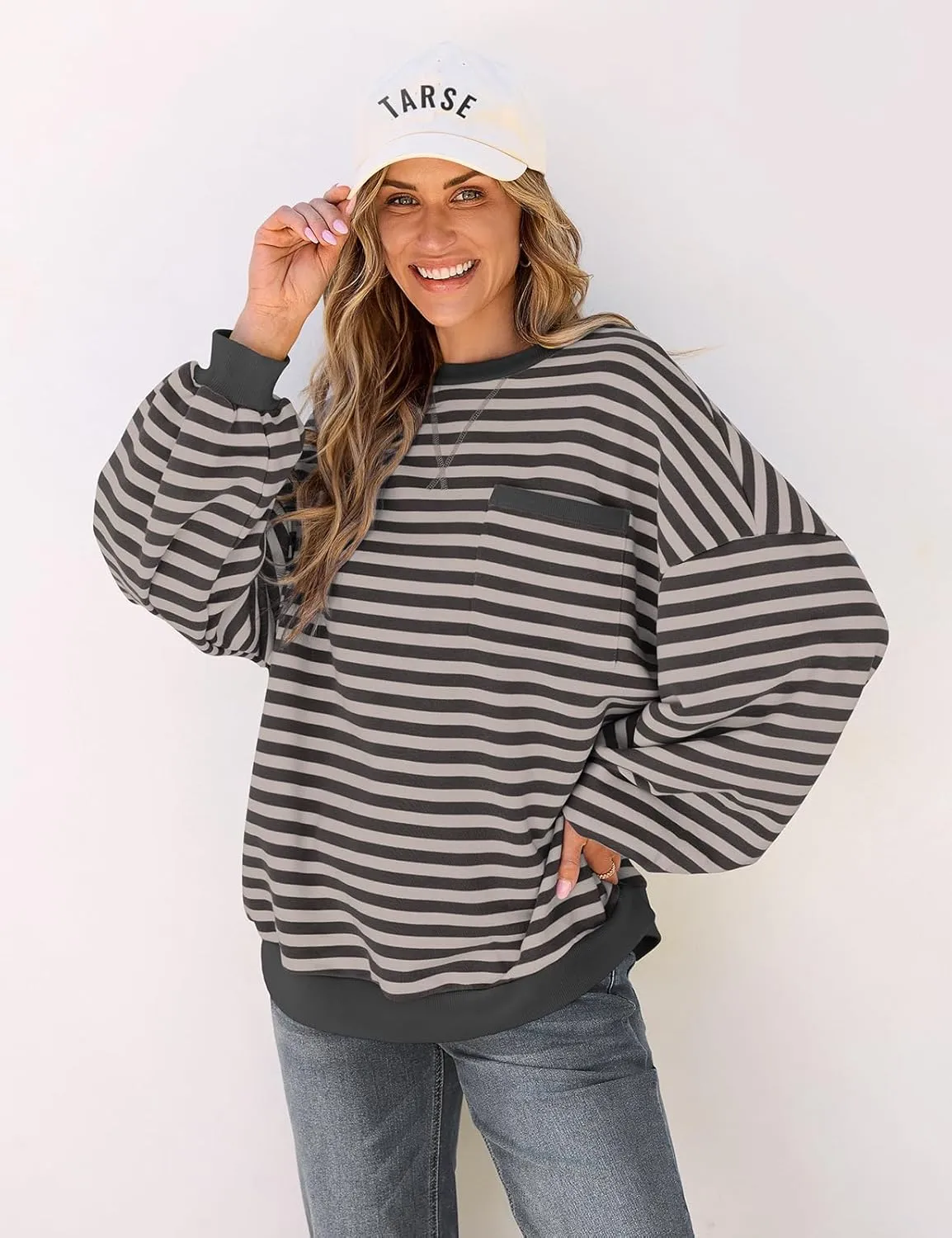 TARSE Oversized Crewneck Sweatshirt for Women Dropped Shoulders Striped Shirt Plain Pullover Ladies Loose Long Sleeve Tops