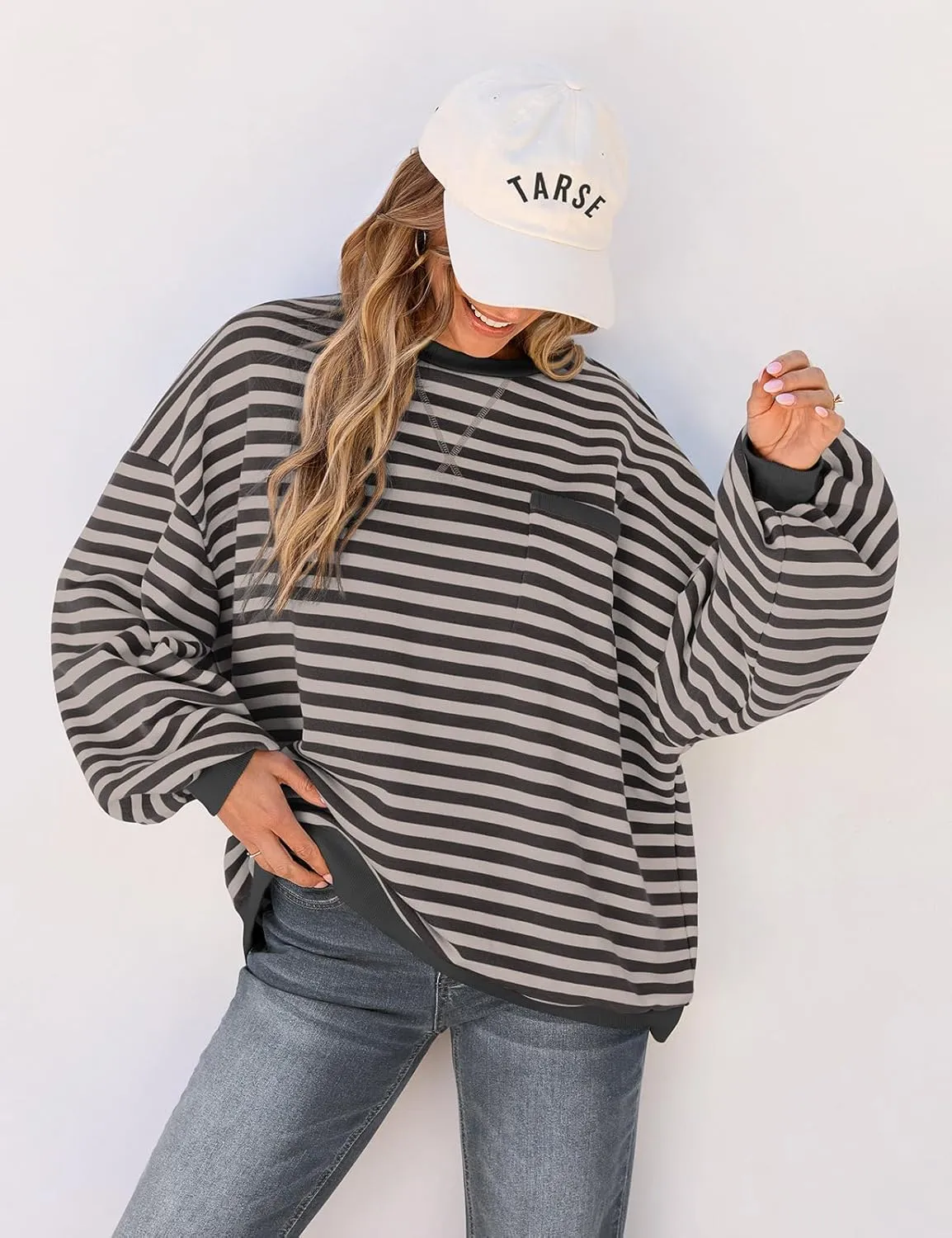 TARSE Oversized Crewneck Sweatshirt for Women Dropped Shoulders Striped Shirt Plain Pullover Ladies Loose Long Sleeve Tops