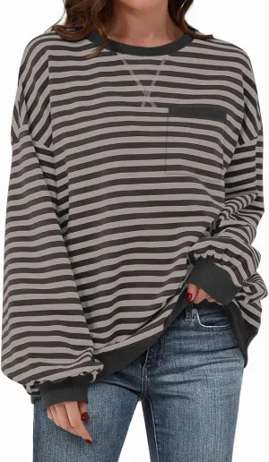 TARSE Oversized Crewneck Sweatshirt for Women Dropped Shoulders Striped Shirt Plain Pullover Ladies Loose Long Sleeve Tops