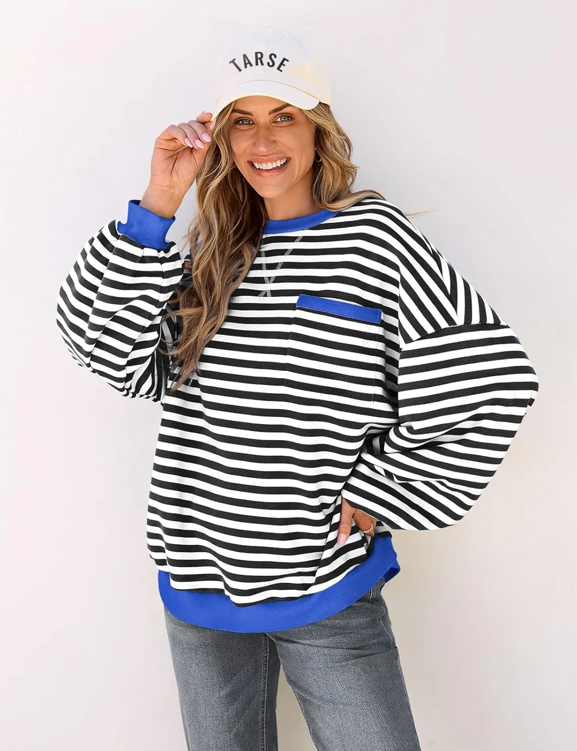 TARSE Oversized Crewneck Sweatshirt for Women Dropped Shoulders Striped Shirt Plain Pullover Ladies Loose Long Sleeve Tops