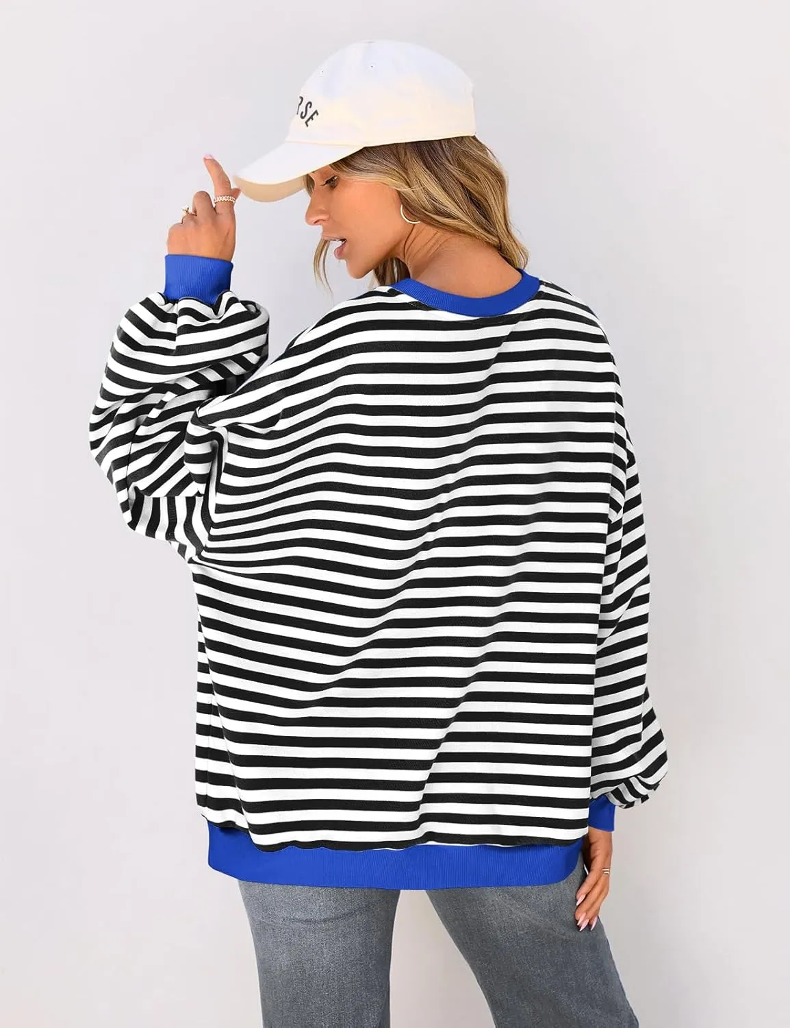 TARSE Oversized Crewneck Sweatshirt for Women Dropped Shoulders Striped Shirt Plain Pullover Ladies Loose Long Sleeve Tops