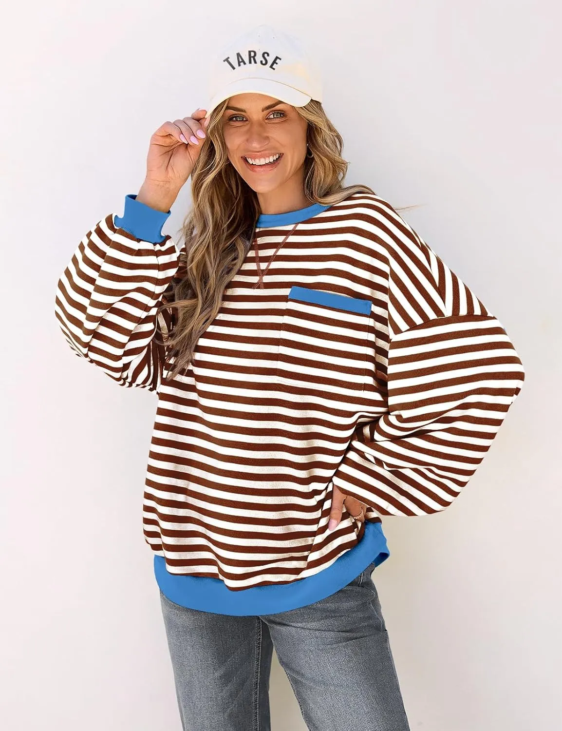 TARSE Oversized Crewneck Sweatshirt for Women Dropped Shoulders Striped Shirt Plain Pullover Ladies Loose Long Sleeve Tops