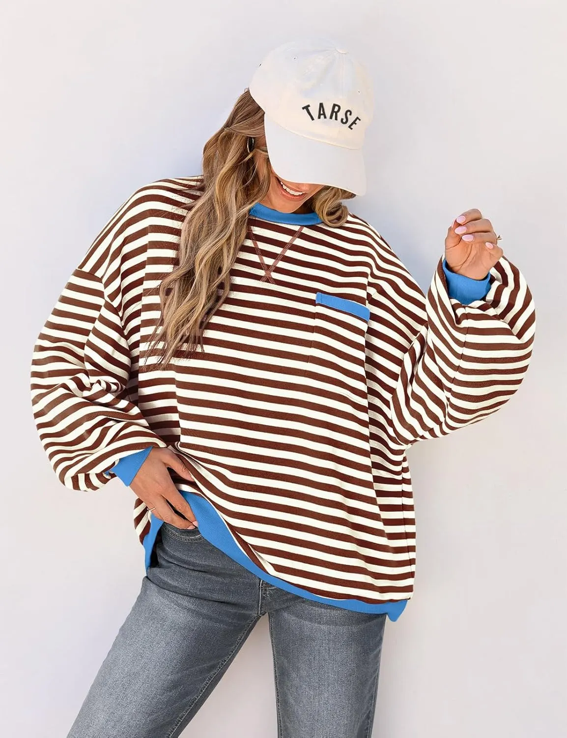 TARSE Oversized Crewneck Sweatshirt for Women Dropped Shoulders Striped Shirt Plain Pullover Ladies Loose Long Sleeve Tops