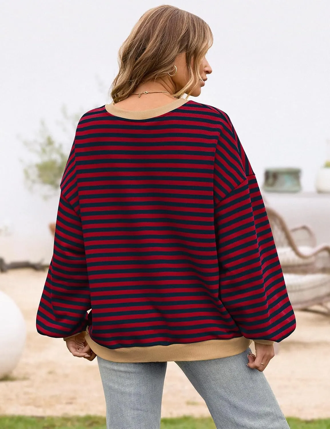 TARSE Oversized Crewneck Sweatshirt for Women Dropped Shoulders Striped Shirt Plain Pullover Ladies Loose Long Sleeve Tops