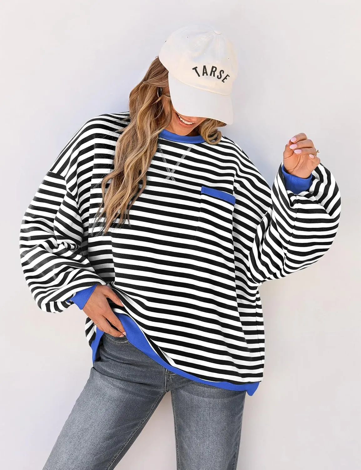 TARSE Oversized Crewneck Sweatshirt for Women Dropped Shoulders Striped Shirt Plain Pullover Ladies Loose Long Sleeve Tops