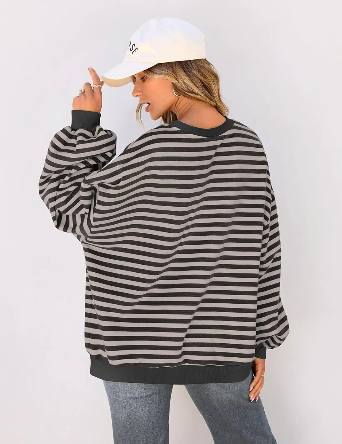 TARSE Oversized Crewneck Sweatshirt for Women Dropped Shoulders Striped Shirt Plain Pullover Ladies Loose Long Sleeve Tops