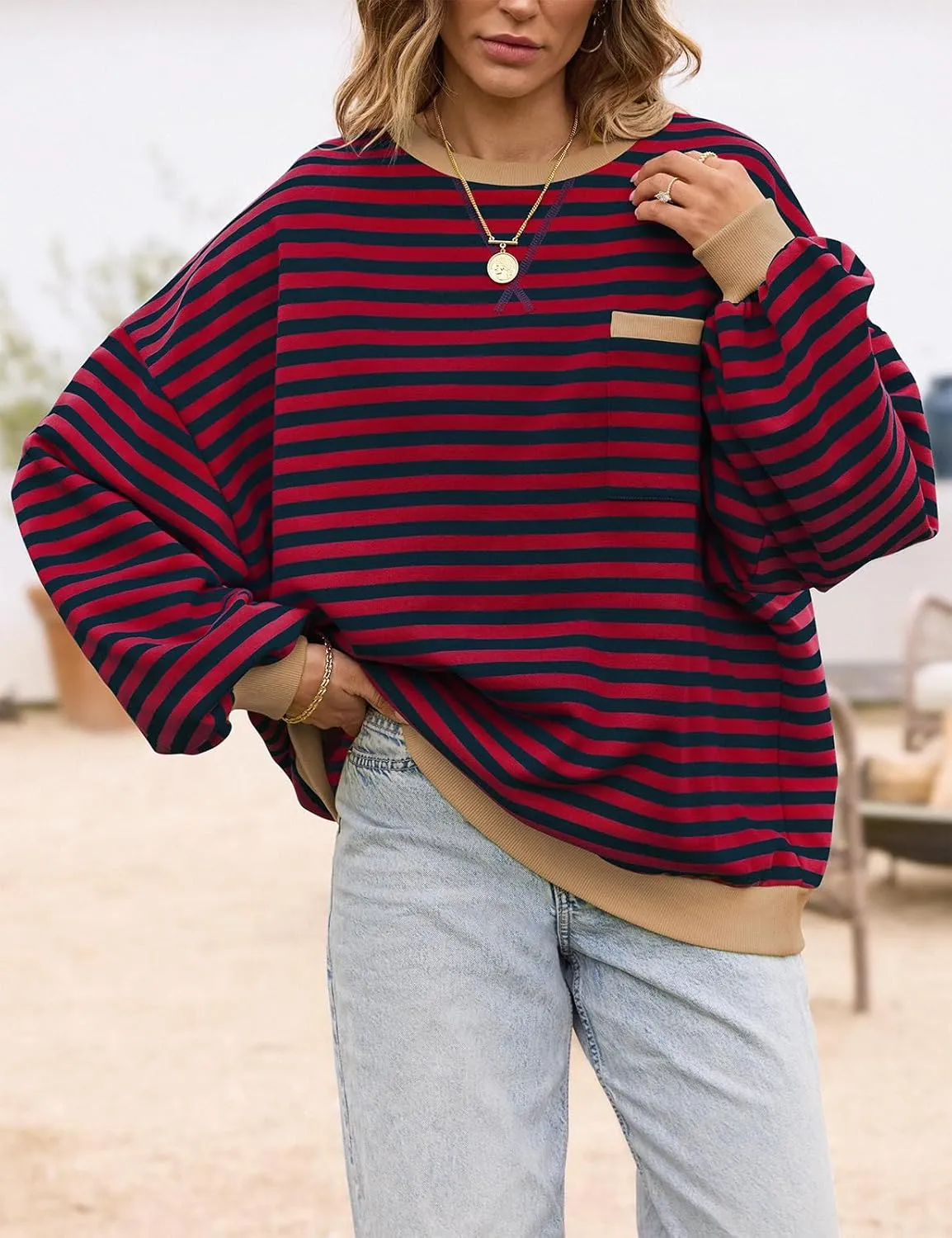 TARSE Oversized Crewneck Sweatshirt for Women Dropped Shoulders Striped Shirt Plain Pullover Ladies Loose Long Sleeve Tops