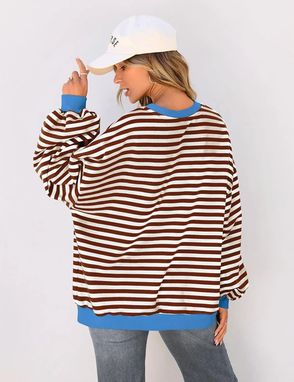 TARSE Oversized Crewneck Sweatshirt for Women Dropped Shoulders Striped Shirt Plain Pullover Ladies Loose Long Sleeve Tops