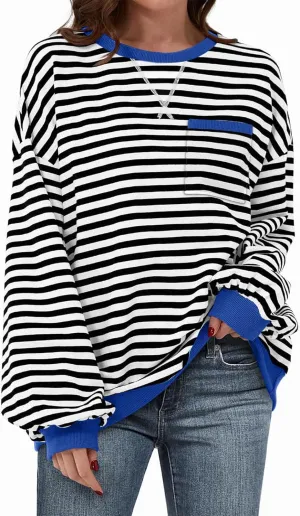 TARSE Oversized Crewneck Sweatshirt for Women Dropped Shoulders Striped Shirt Plain Pullover Ladies Loose Long Sleeve Tops