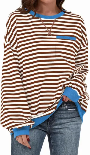 TARSE Oversized Crewneck Sweatshirt for Women Dropped Shoulders Striped Shirt Plain Pullover Ladies Loose Long Sleeve Tops