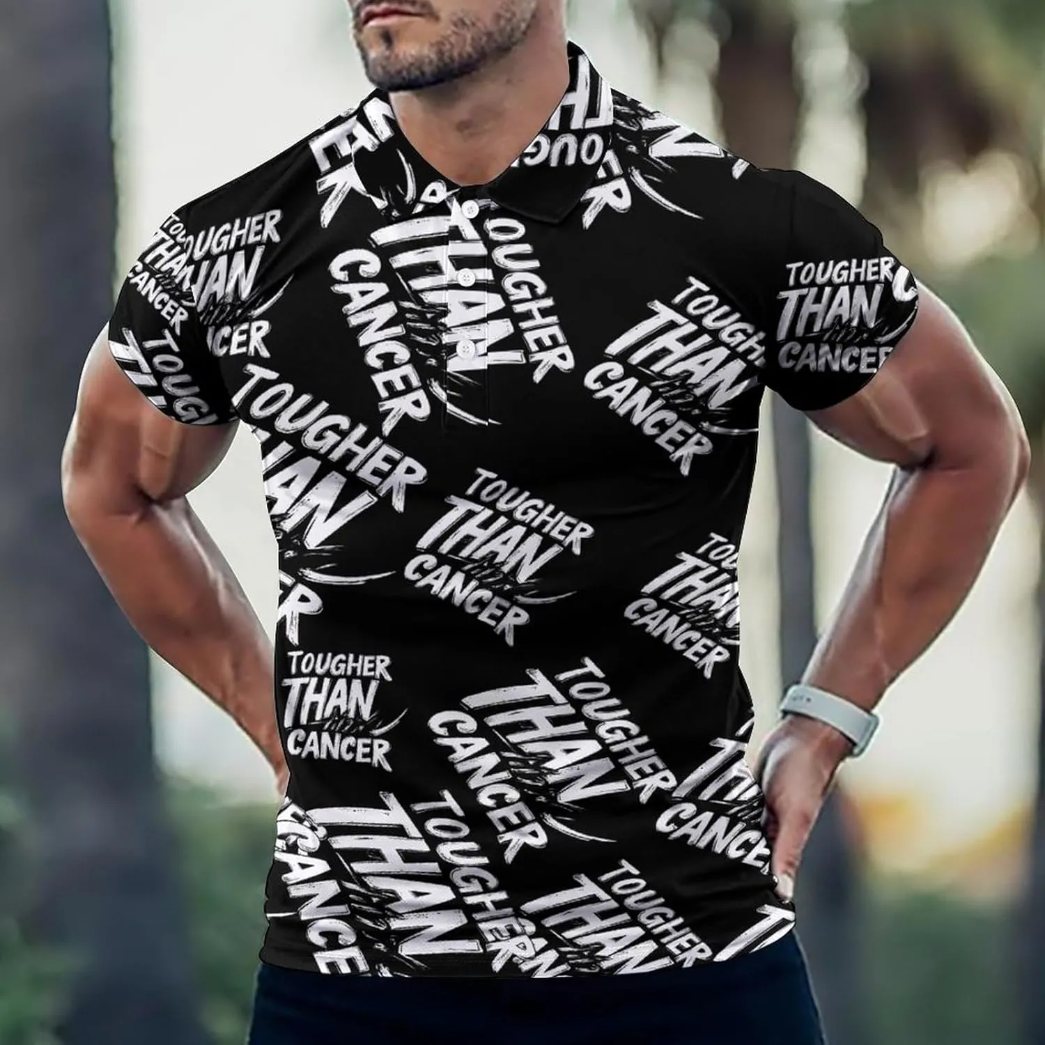 Tougher Than Cancer Mens Polo Shirts Quick Dry Short Sleeve T-shirts Slim Tennis Collared Tees Tops