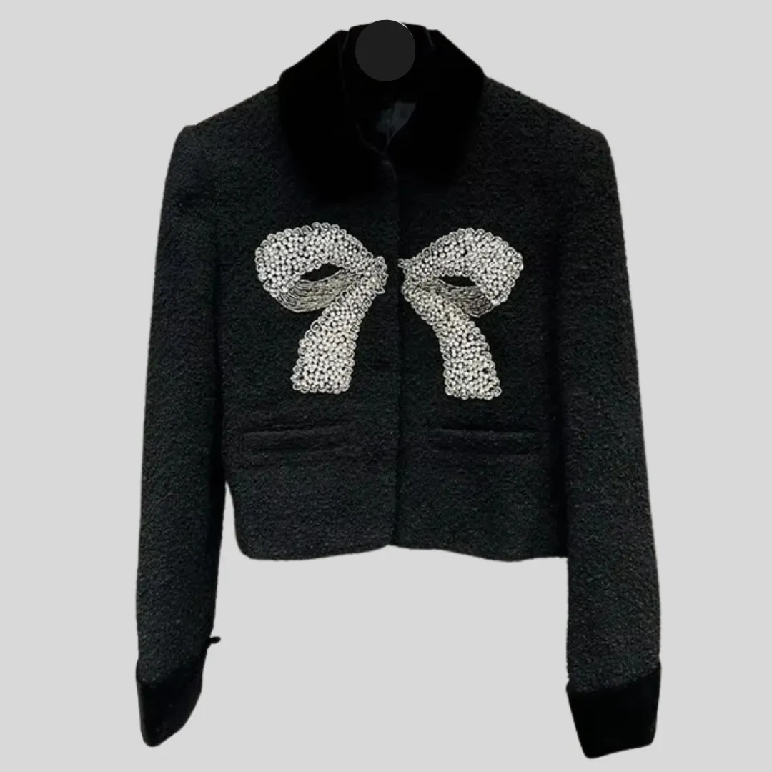 Tweed Jacket with Bow and Diamond Details - Black - White