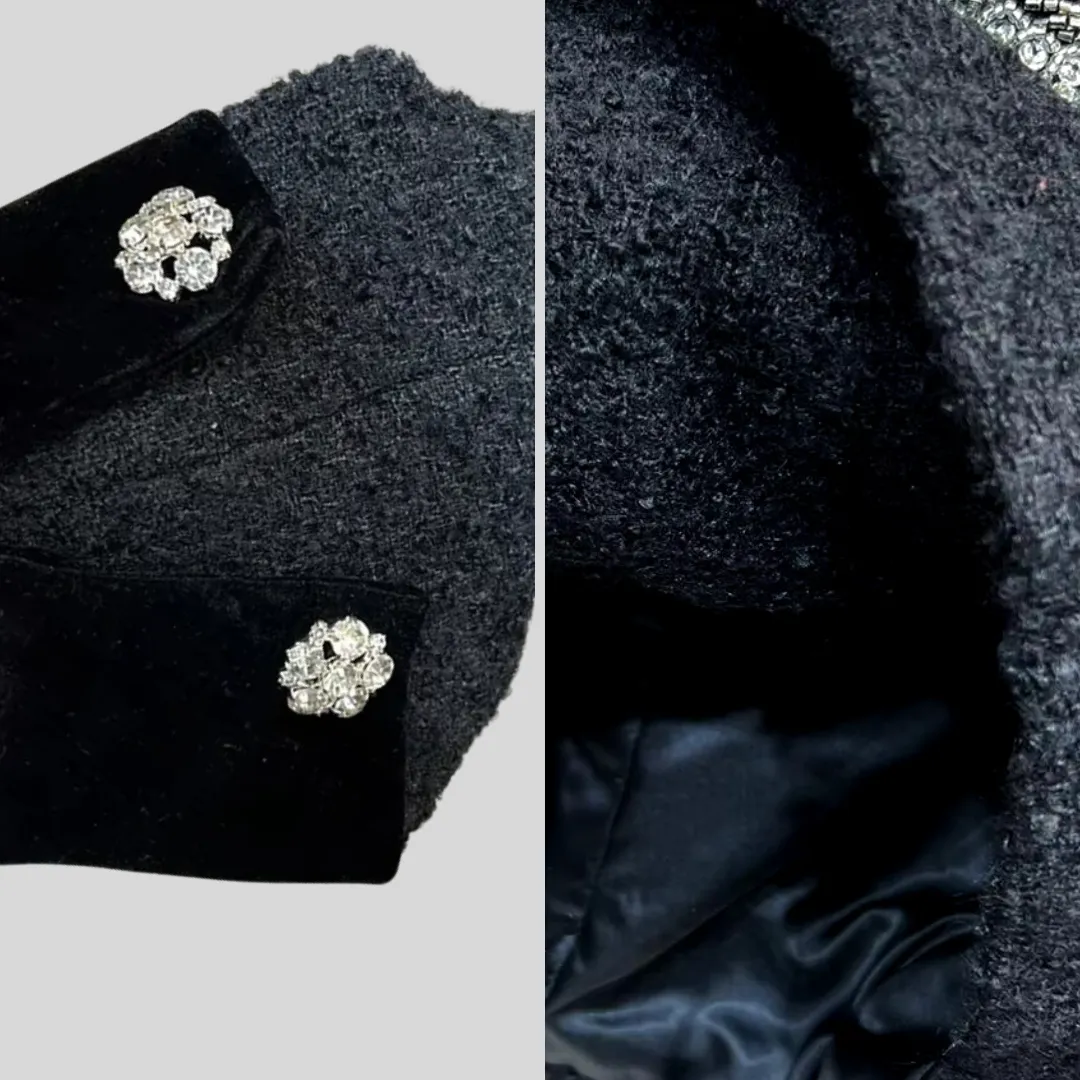Tweed Jacket with Bow and Diamond Details - Black - White